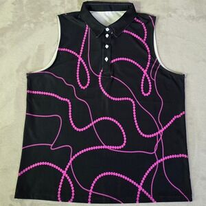 Womens Sleeveless Golf Polo Shirt Black Pink Beaded Chain Pearl Strand Print Top